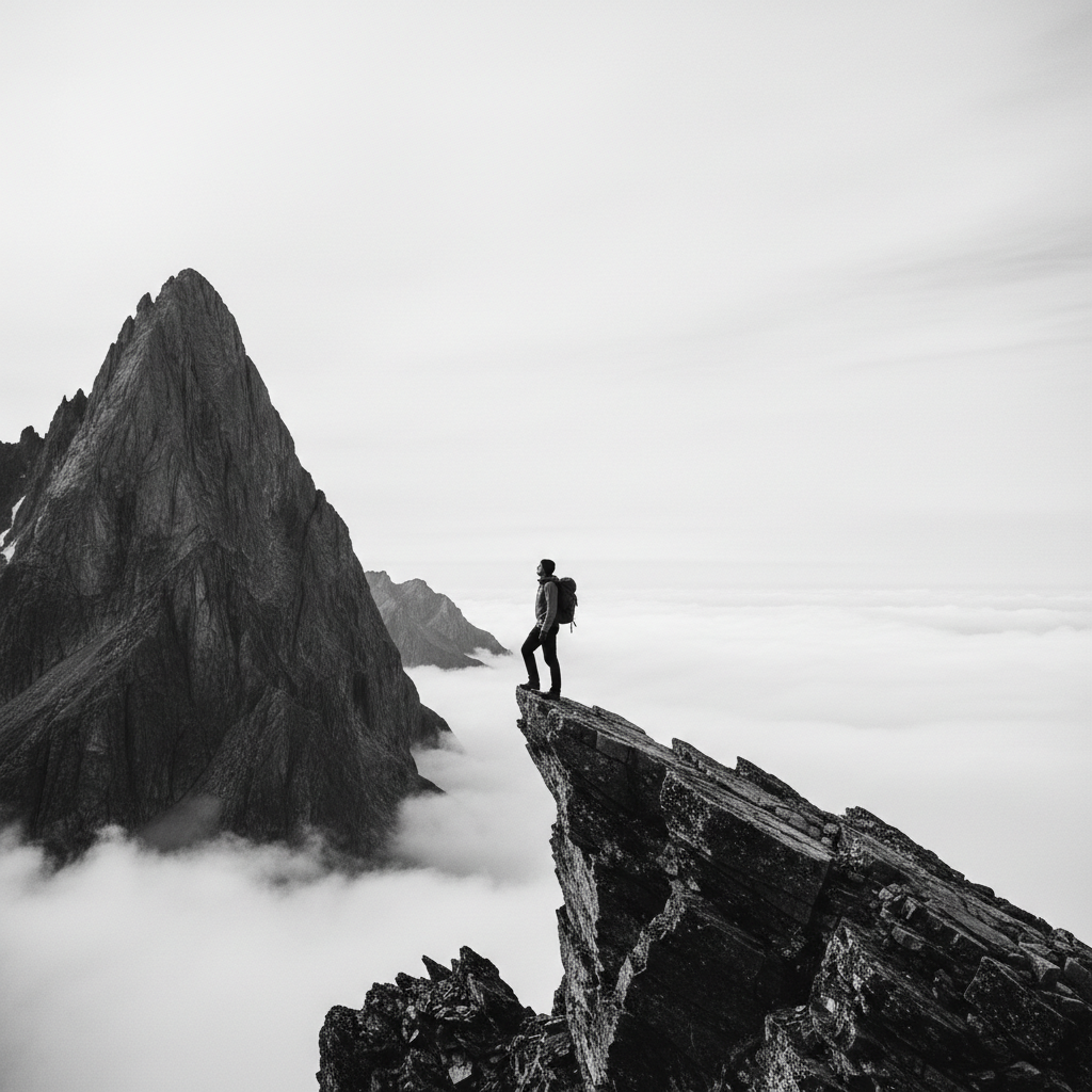 Solo hiker on a dramatic Himalayan mountain ridge, black and white photography