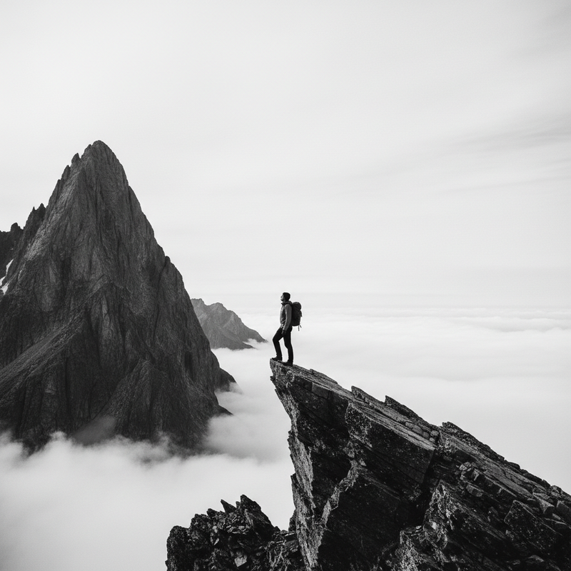 Solo hiker on a dramatic Himalayan mountain ridge, black and white photography