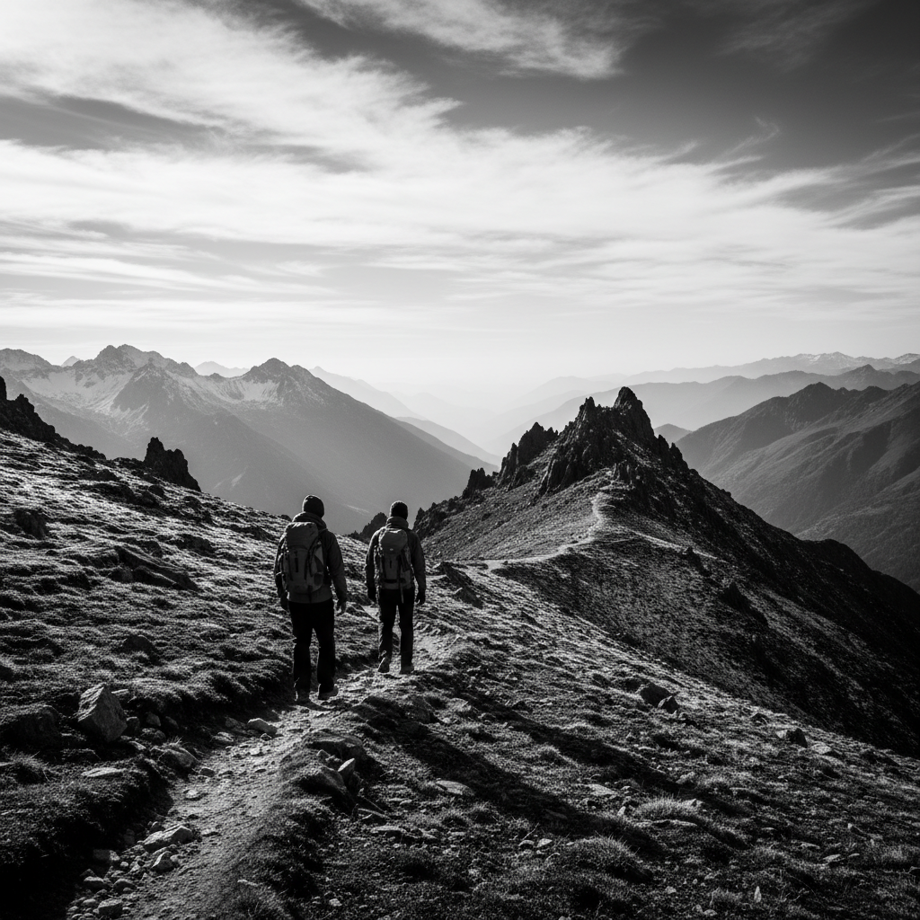 Two hikers walking side-by-side on a scenic high-altitude trail, black and white photography